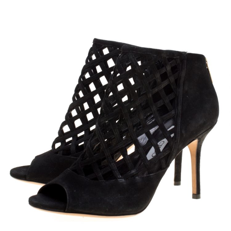 Pre Owned Jimmy Choo Black Suede Drift Cutout Peep Toe Booties Size 39