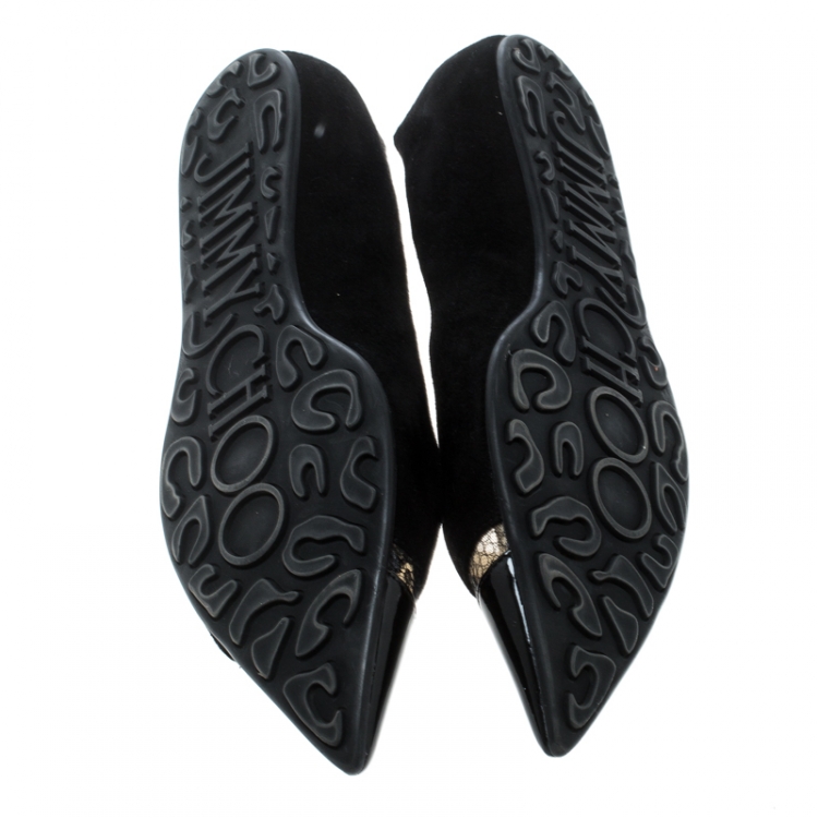 Pre Owned Jimmy Choo Black Suede And Lace Trim Ginny Patent Cap Toe Pointed Ballet Flats Size 42