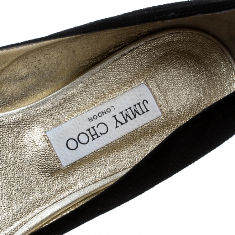 Pre Owned Jimmy Choo Black Suede And Lace Trim Ginny Patent Cap Toe Pointed Ballet Flats Size 42
