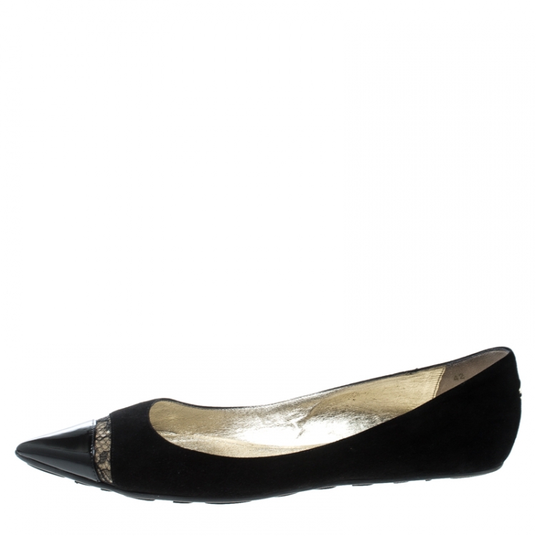 Pre Owned Jimmy Choo Black Suede And Lace Trim Ginny Patent Cap Toe Pointed Ballet Flats Size 42