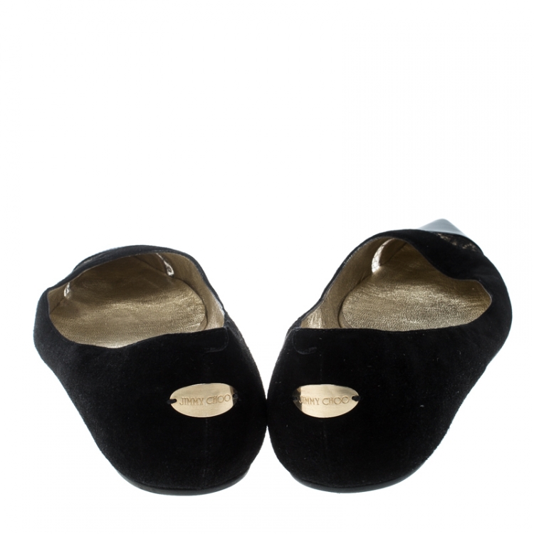 Pre Owned Jimmy Choo Black Suede And Lace Trim Ginny Patent Cap Toe Pointed Ballet Flats Size 42