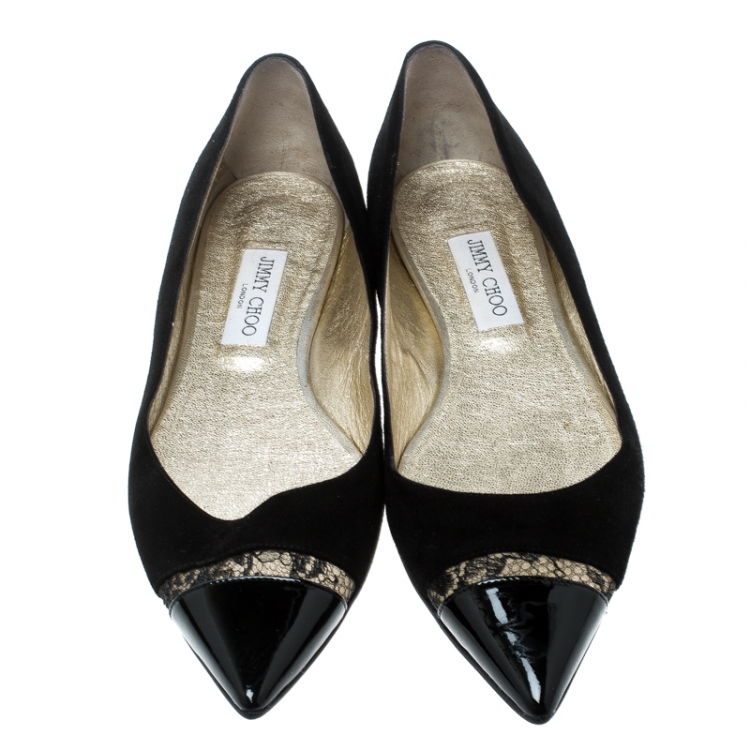 Pre Owned Jimmy Choo Black Suede And Lace Trim Ginny Patent Cap Toe Pointed Ballet Flats Size 42