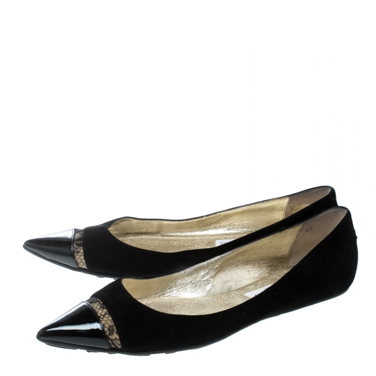 Pre Owned Jimmy Choo Black Suede And Lace Trim Ginny Patent Cap Toe Pointed Ballet Flats Size 42