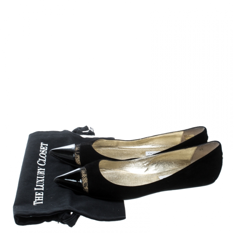 Pre Owned Jimmy Choo Black Suede And Lace Trim Ginny Patent Cap Toe Pointed Ballet Flats Size 42