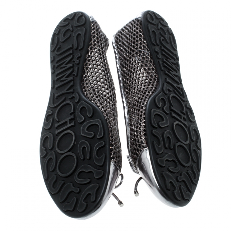 Pre Owned Jimmy Choo Metallic Silver Mesh And Leather Cap Toe Bow Detail Ballet Flats Size 42