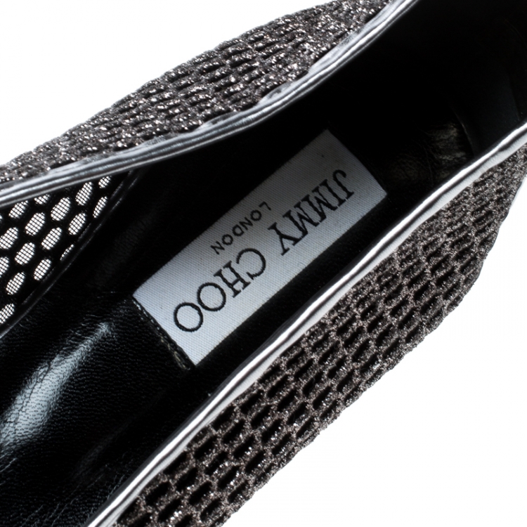 Pre Owned Jimmy Choo Metallic Silver Mesh And Leather Cap Toe Bow Detail Ballet Flats Size 42