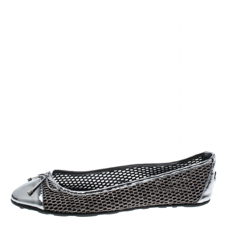 Pre Owned Jimmy Choo Metallic Silver Mesh And Leather Cap Toe Bow Detail Ballet Flats Size 42