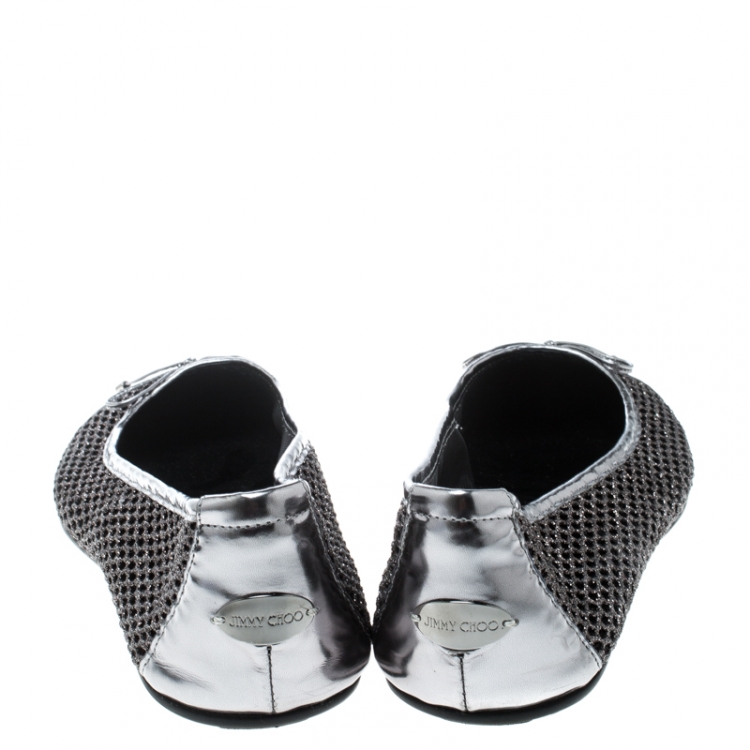Pre Owned Jimmy Choo Metallic Silver Mesh And Leather Cap Toe Bow Detail Ballet Flats Size 42