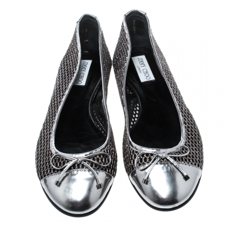 Pre Owned Jimmy Choo Metallic Silver Mesh And Leather Cap Toe Bow Detail Ballet Flats Size 42