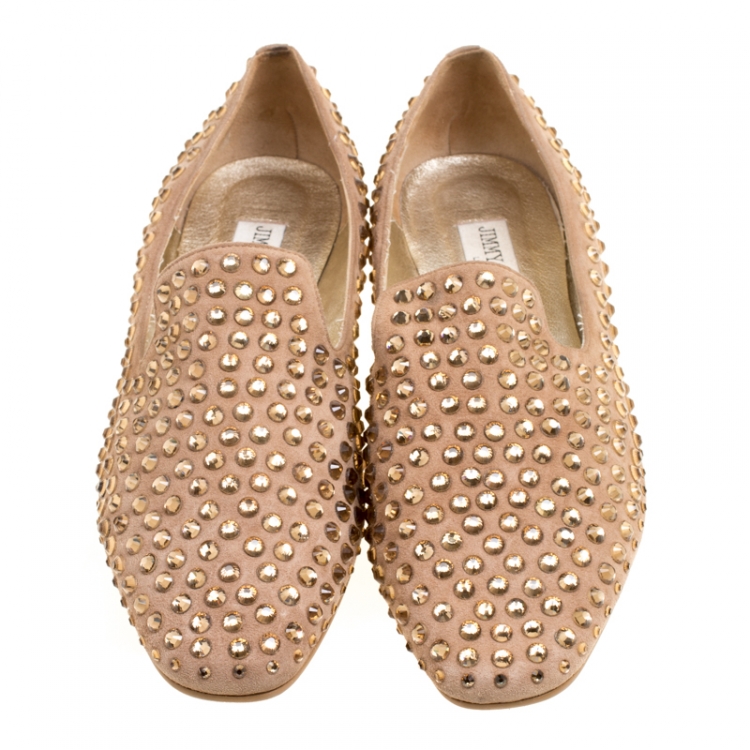 Pre Owned Jimmy Choo Beige Suede Wheel Crystal Embellished Smoking Slippers Size 39