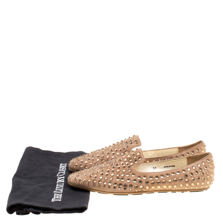 Pre Owned Jimmy Choo Beige Suede Wheel Crystal Embellished Smoking Slippers Size 39