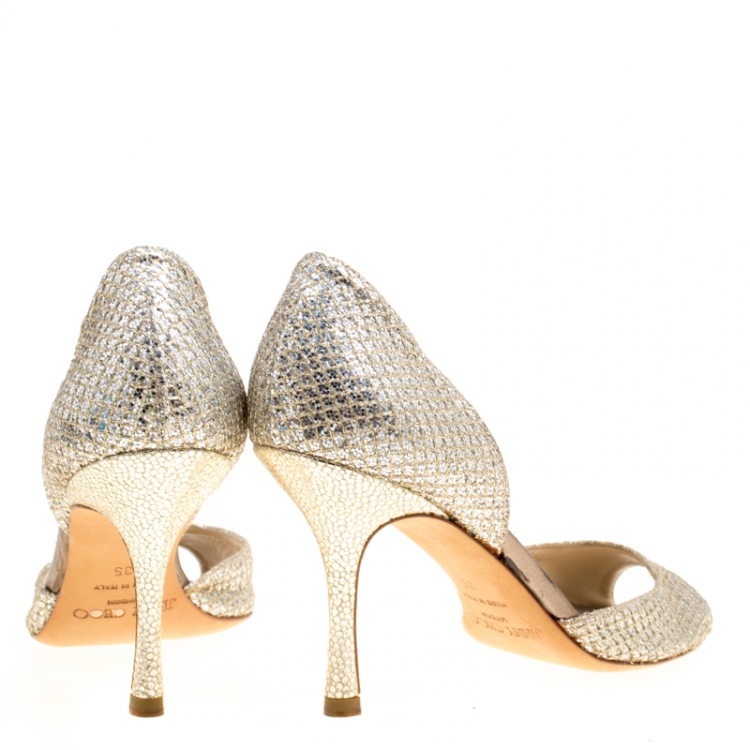 Pre Owned Jimmy Choo Metallic Glitter Champagne Logan D'orsay Peep Toe Pumps Size 35