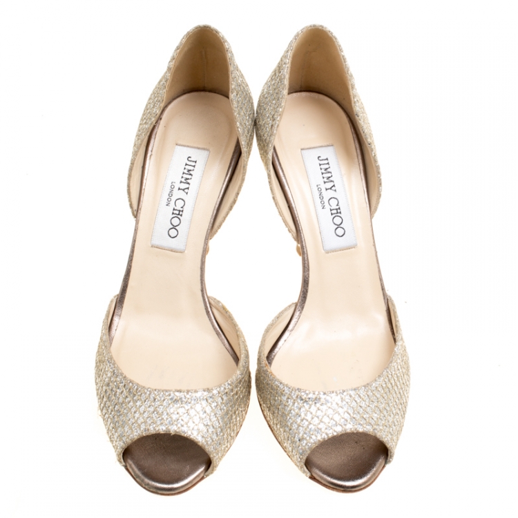 Pre Owned Jimmy Choo Metallic Glitter Champagne Logan D'orsay Peep Toe Pumps Size 35