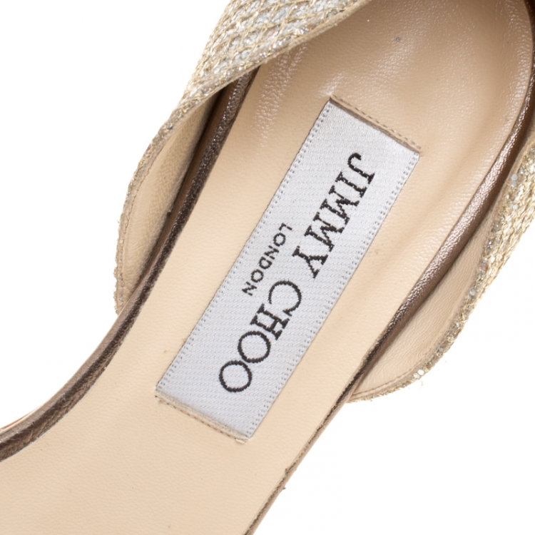 Pre Owned Jimmy Choo Metallic Glitter Champagne Logan D'orsay Peep Toe Pumps Size 35