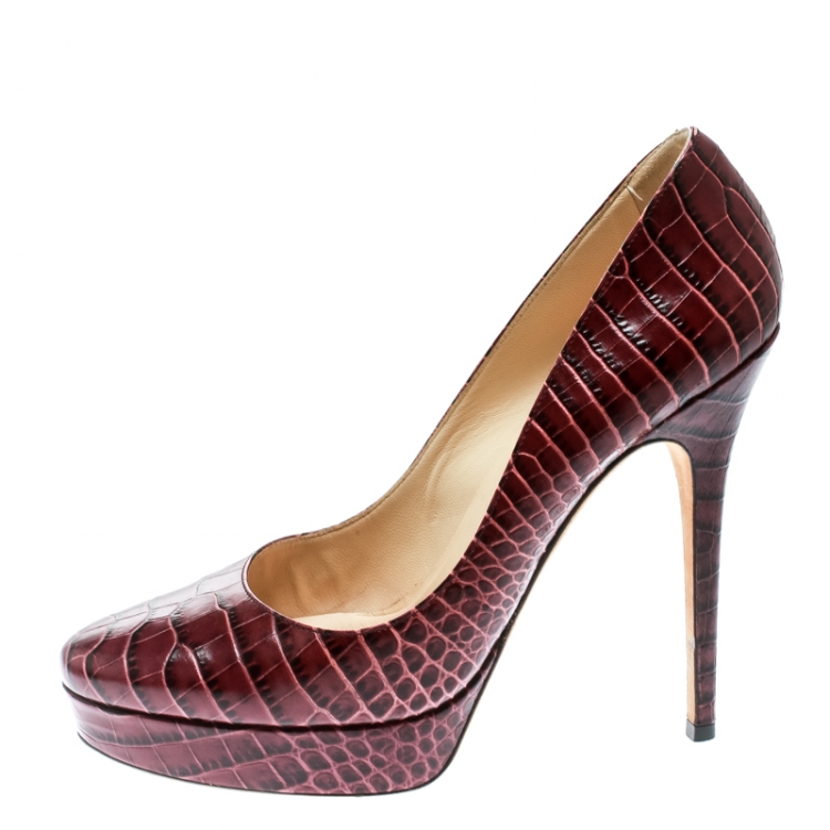 Pre Owned Jimmy Choo Burgundy Croc Embossed Leather Alex Platform Pumps Size 40