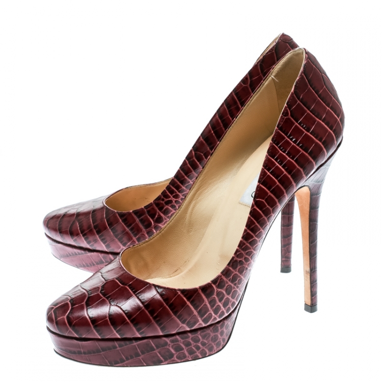 Pre Owned Jimmy Choo Burgundy Croc Embossed Leather Alex Platform Pumps Size 40