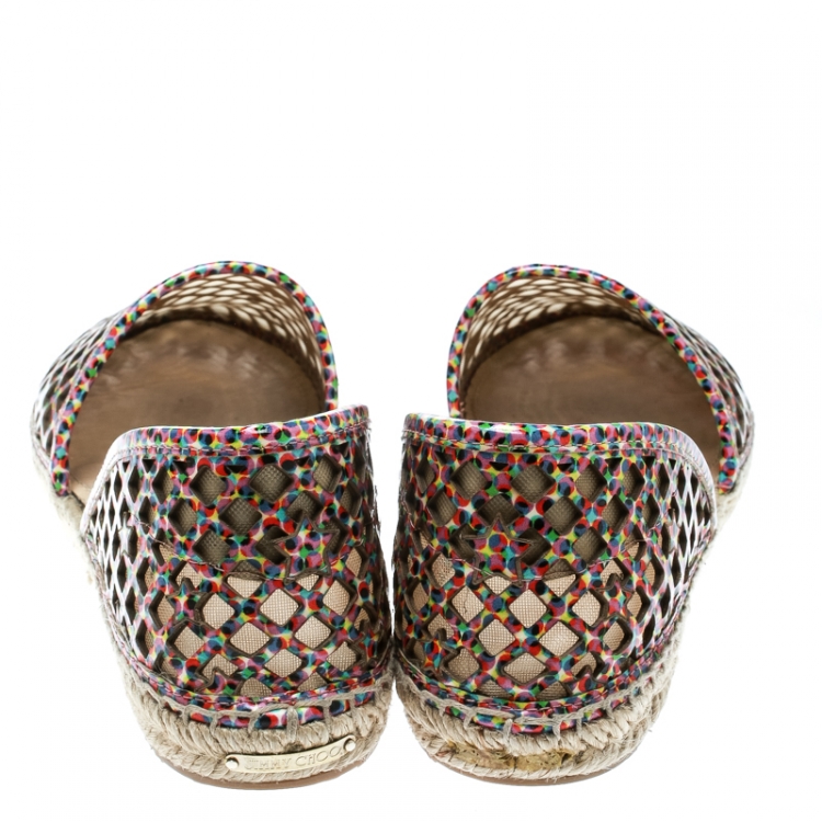Pre Owned Jimmy Choo Multicolor Perforated Digital Print Patent Leather Dreya D'orsay Flat Espadrilles Size 39.5