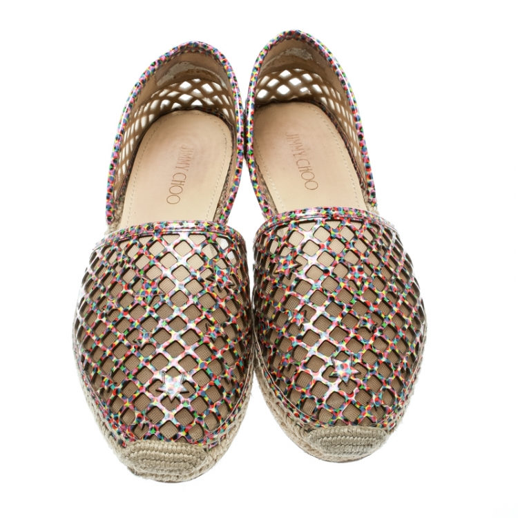 Pre Owned Jimmy Choo Multicolor Perforated Digital Print Patent Leather Dreya D'orsay Flat Espadrilles Size 39.5