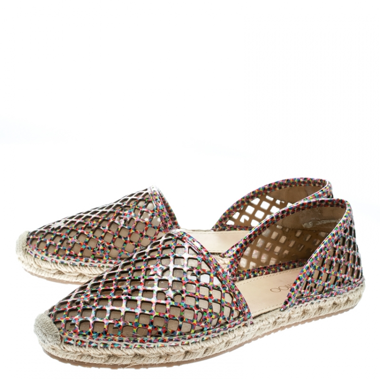 Pre Owned Jimmy Choo Multicolor Perforated Digital Print Patent Leather Dreya D'orsay Flat Espadrilles Size 39.5