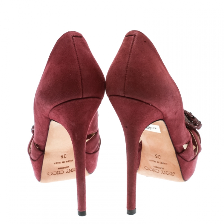 Pre Owned Jimmy Choo Burgundy Shimmer Suede Taja Crystal Embellished Bow Peep Toe Pumps Size 36