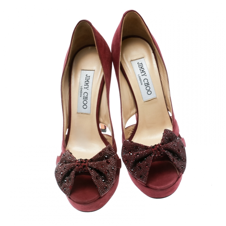 Pre Owned Jimmy Choo Burgundy Shimmer Suede Taja Crystal Embellished Bow Peep Toe Pumps Size 36