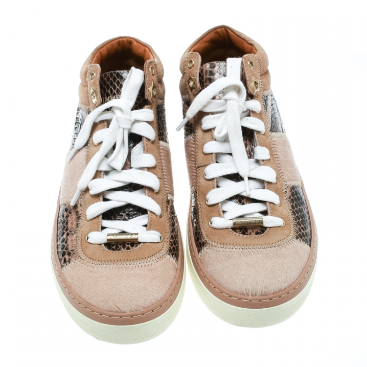 Pre Owned Jimmy Choo Pink Pony Hair and Snakeskin Embossed Leather Lace Up Sneakers Size 37