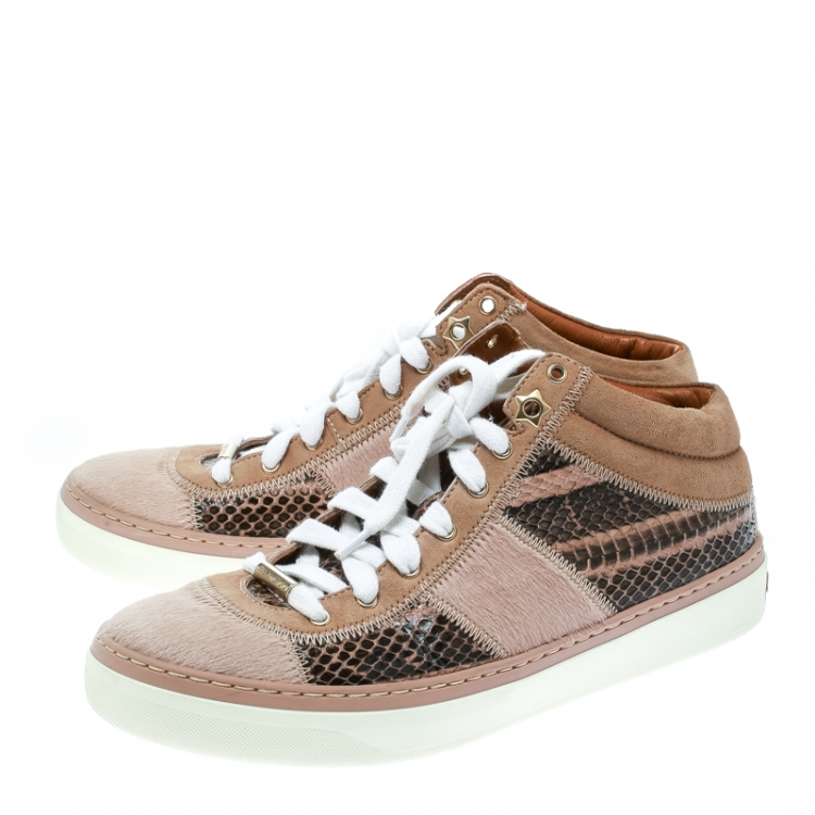 Pre Owned Jimmy Choo Pink Pony Hair and Snakeskin Embossed Leather Lace Up Sneakers Size 37