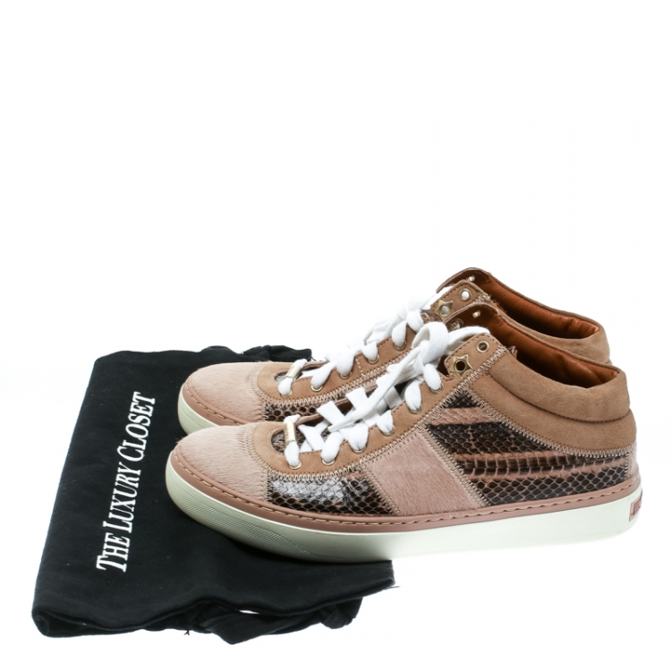 Pre Owned Jimmy Choo Pink Pony Hair and Snakeskin Embossed Leather Lace Up Sneakers Size 37