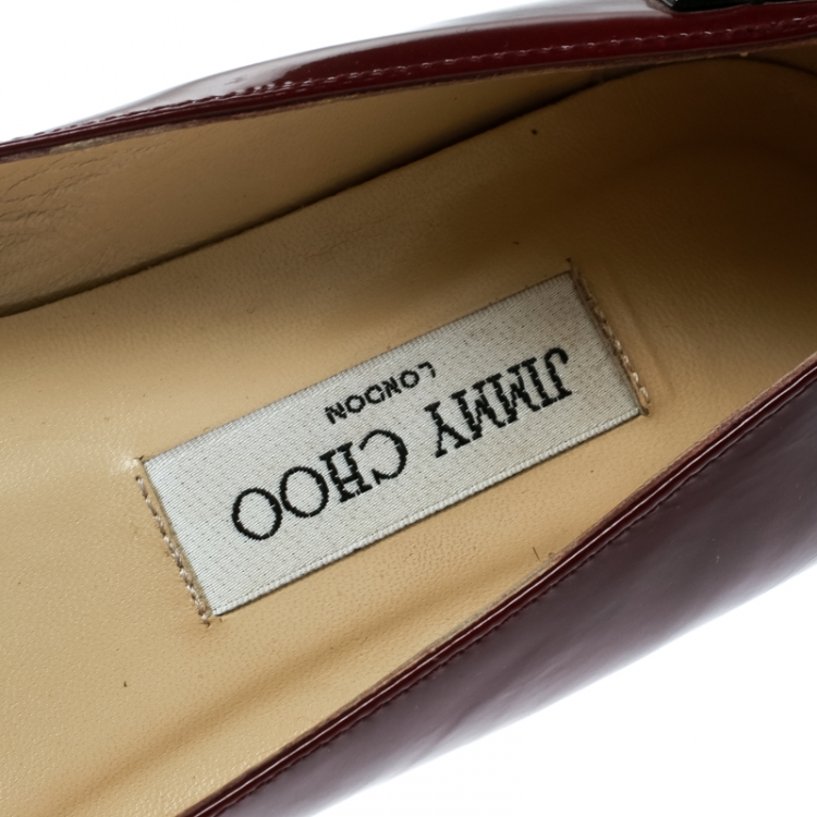 Pre Owned Jimmy Choo Maroon Patent Leather Watson Studded Square Toe Ballet Flats Size 39