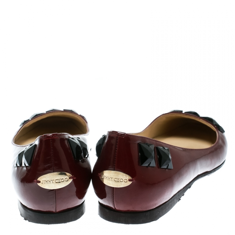 Pre Owned Jimmy Choo Maroon Patent Leather Watson Studded Square Toe Ballet Flats Size 39