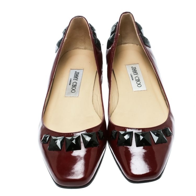 Pre Owned Jimmy Choo Maroon Patent Leather Watson Studded Square Toe Ballet Flats Size 39