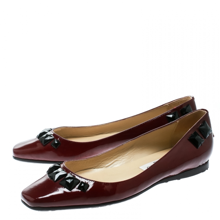 Pre Owned Jimmy Choo Maroon Patent Leather Watson Studded Square Toe Ballet Flats Size 39