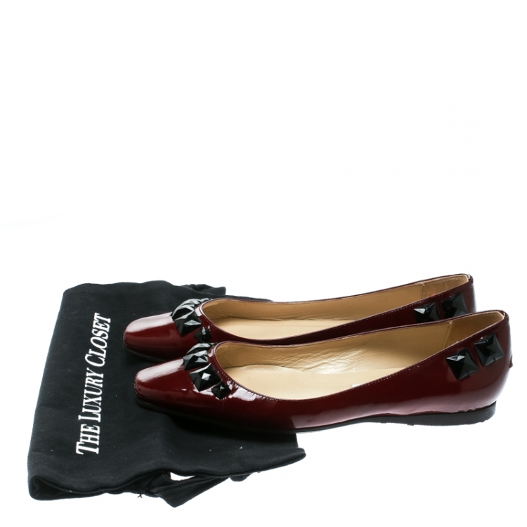Pre Owned Jimmy Choo Maroon Patent Leather Watson Studded Square Toe Ballet Flats Size 39