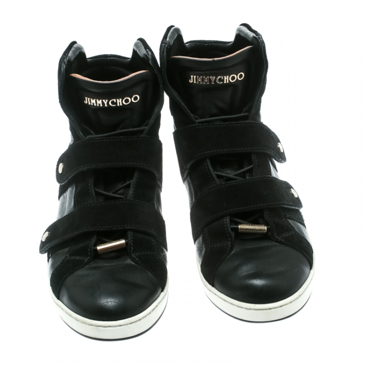Pre Owned Jimmy Choo Black Leather And Suede Yazz High Top Sneakers Size 36.5