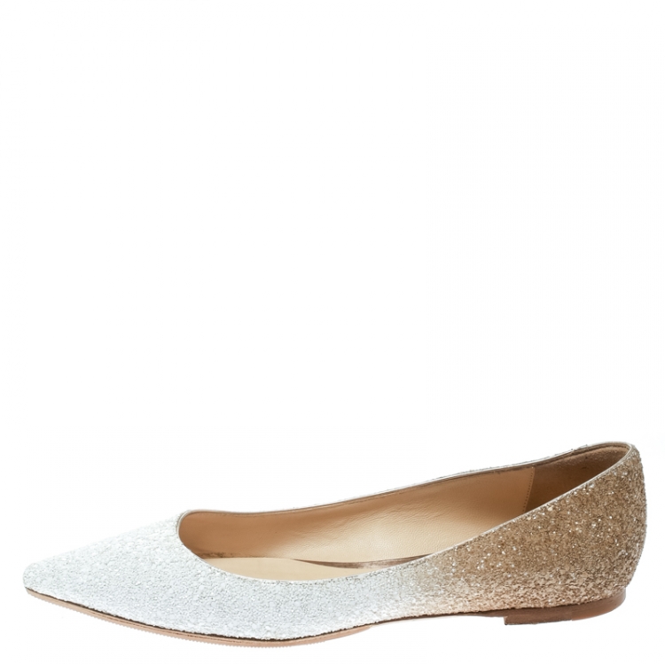 Pre Owned Jimmy Choo Gold Glitter Romy Pointed Toe Ballet Flats Size 39