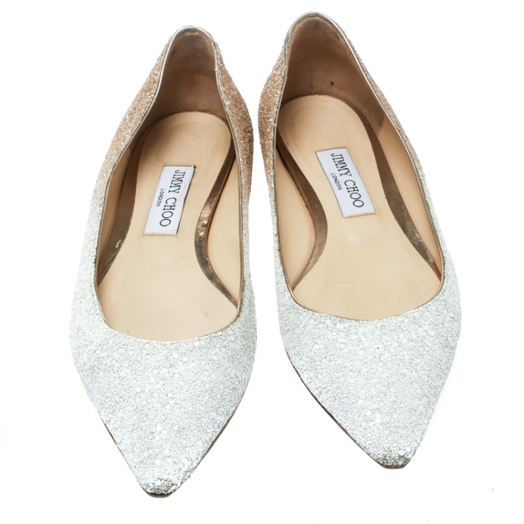 Pre Owned Jimmy Choo Gold Glitter Romy Pointed Toe Ballet Flats Size 39