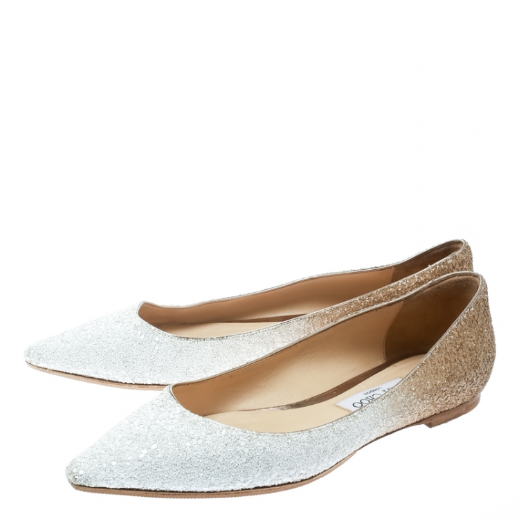 Pre Owned Jimmy Choo Gold Glitter Romy Pointed Toe Ballet Flats Size 39