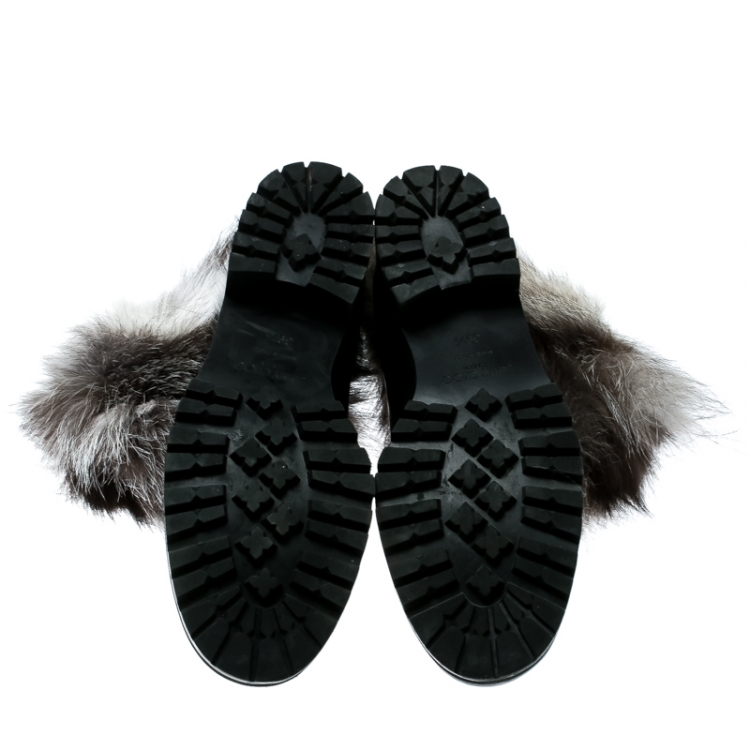 Pre Owned Jimmy Choo Black Leather With Fox Fur Dana Ankle Boots Size 39.5