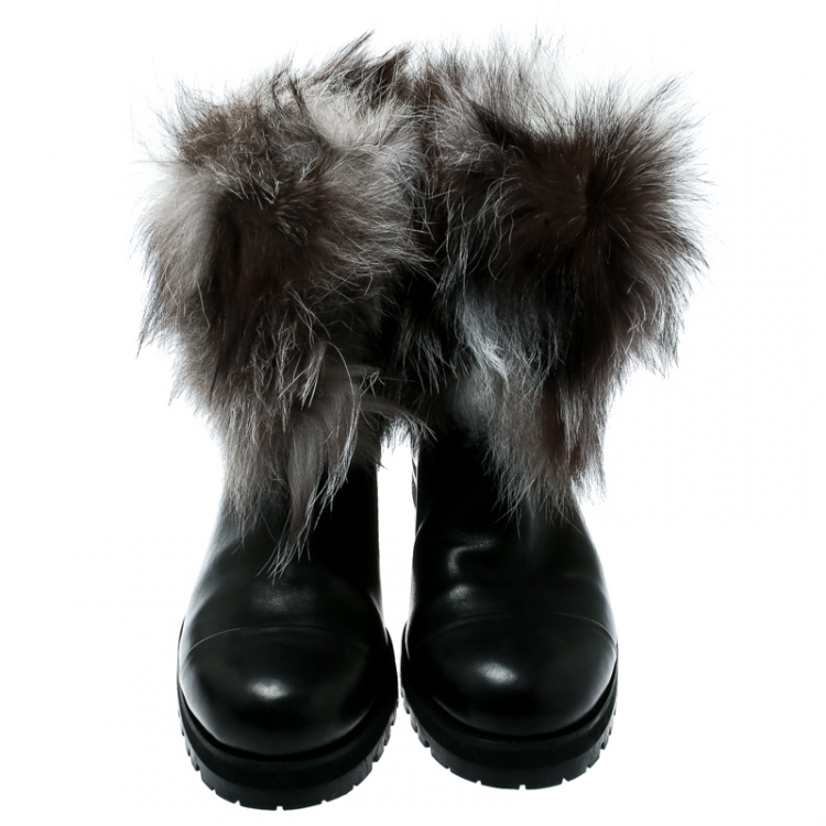 Pre Owned Jimmy Choo Black Leather With Fox Fur Dana Ankle Boots Size 39.5