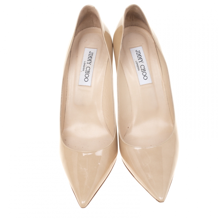 Pre Owned Jimmy Choo Beige Nude Patent Leather Agnes Pointed Toe Pumps Size 40.5