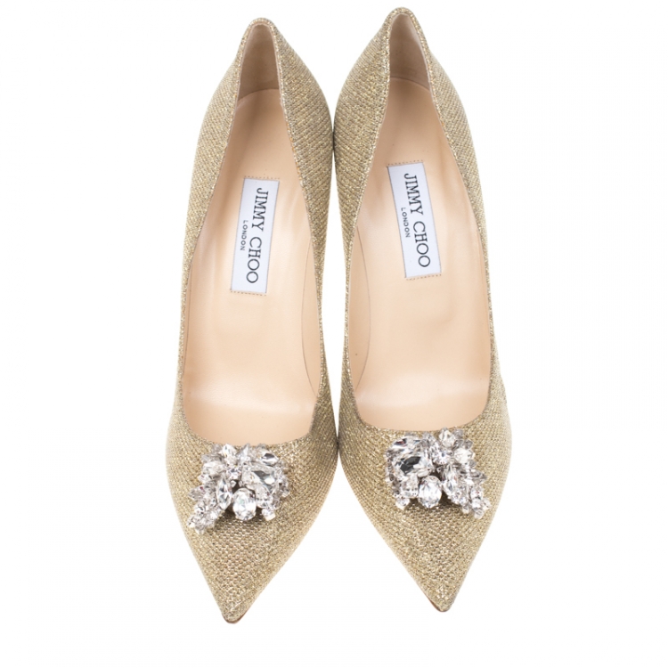 Pre Owned Jimmy Choo Metallic Gold Lamè Glitter Fabric Mamey Crystal Embellished Pointed Toe Pumps Size 41