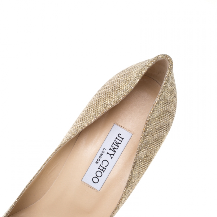 Pre Owned Jimmy Choo Metallic Gold Lamè Glitter Fabric Mamey Crystal Embellished Pointed Toe Pumps Size 41
