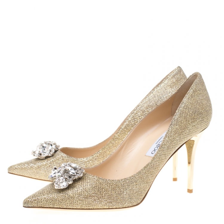 Pre Owned Jimmy Choo Metallic Gold Lamè Glitter Fabric Mamey Crystal Embellished Pointed Toe Pumps Size 41