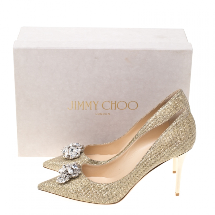 Pre Owned Jimmy Choo Metallic Gold Lamè Glitter Fabric Mamey Crystal Embellished Pointed Toe Pumps Size 41