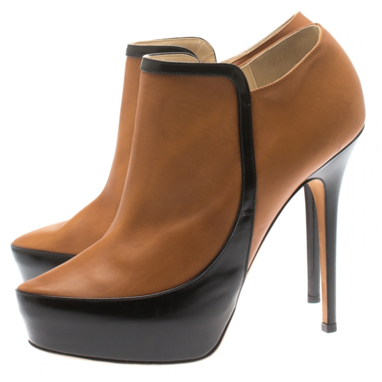 Pre Owned Jimmy Choo Brown And Black Leather Decoy Platform Ankle Boots Size 39.5
