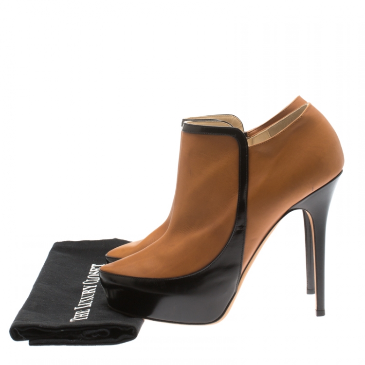 Pre Owned Jimmy Choo Brown And Black Leather Decoy Platform Ankle Boots Size 39.5