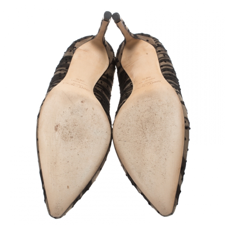 Pre Owned Jimmy Choo Beige Suede And Black Mesh Romy Polka Dot Pointed Toe Pumps Size 38.5