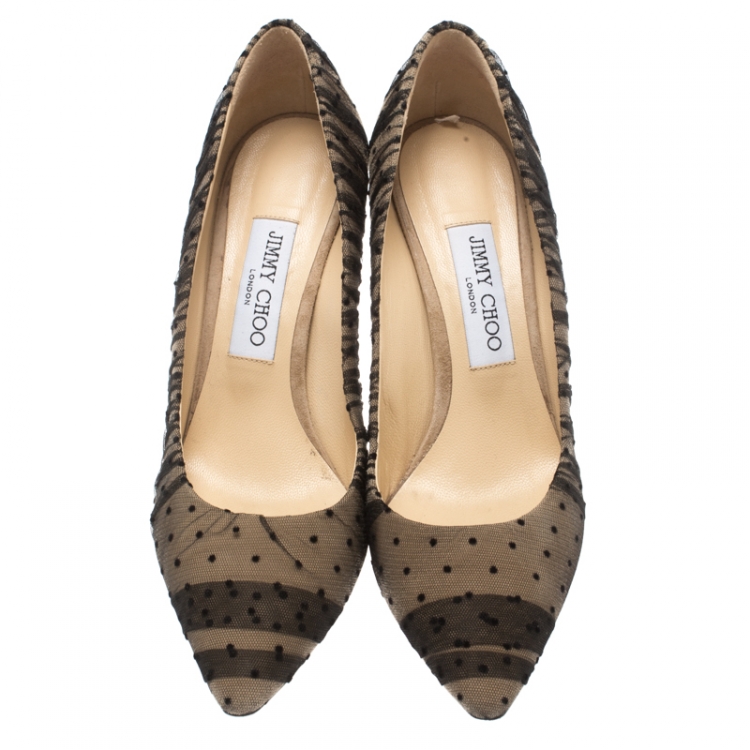 Pre Owned Jimmy Choo Beige Suede And Black Mesh Romy Polka Dot Pointed Toe Pumps Size 38.5