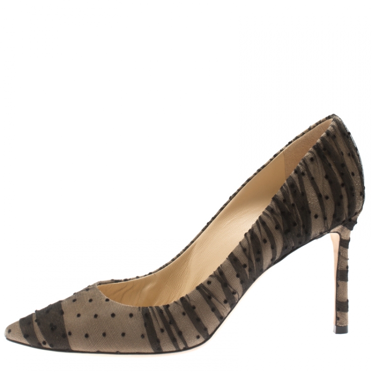 Pre Owned Jimmy Choo Beige Suede And Black Mesh Romy Polka Dot Pointed Toe Pumps Size 38.5