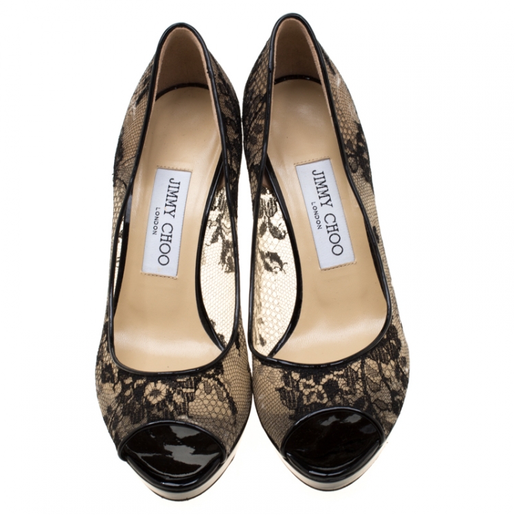 Pre Owned Jimmy Choo Black Lace Luna Peep Toe Platform Pumps Size 37
